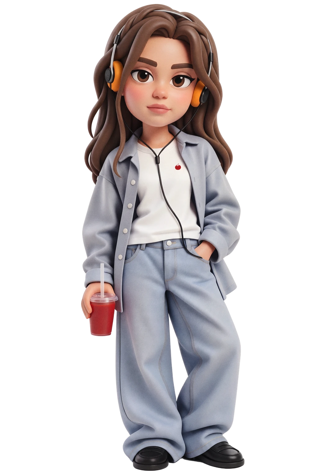 Olivia wearing a white Pomodoro tee, a blue overshirt and jeans, with headphones and a red drink.