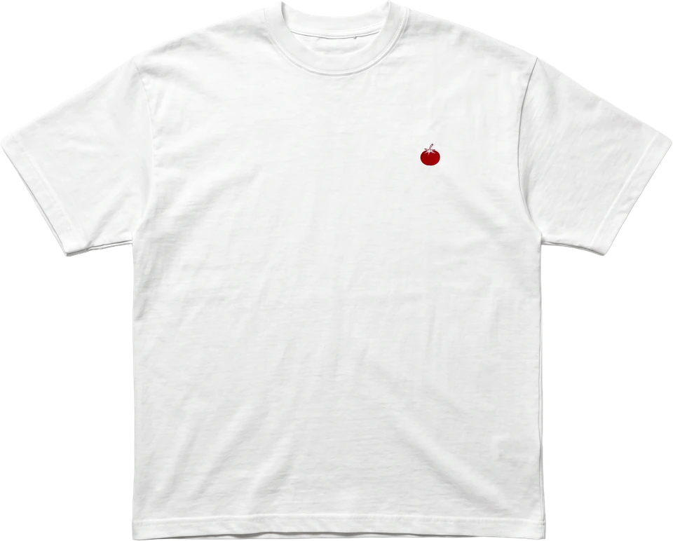 White Pomodoro tee with a small red tomato on the chest.